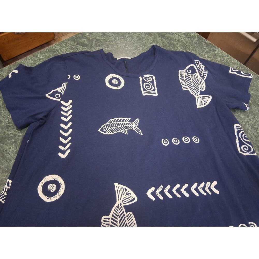 VTG Exist Sports Line Dress Sz L XL Fish Hand Stamped Short Sleeve Cotton Blue - Picture 3 of 7